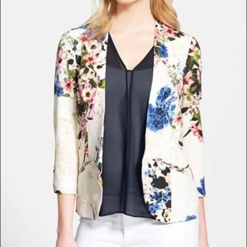 Floral Open-Front Women’s Blazer Jacket - White/Multi